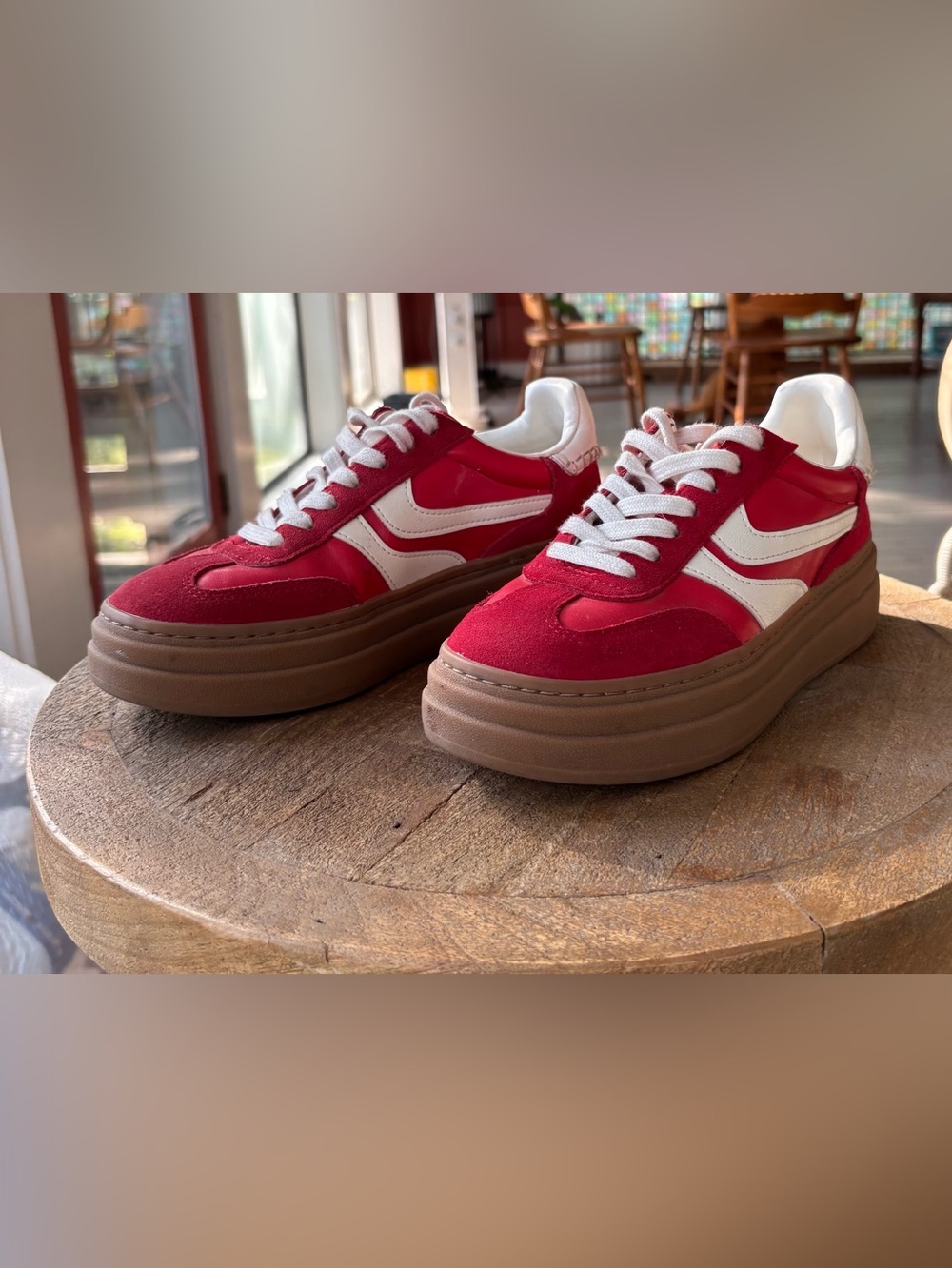 Steve Madden Red and White Platform Sneakers with Brown Sole